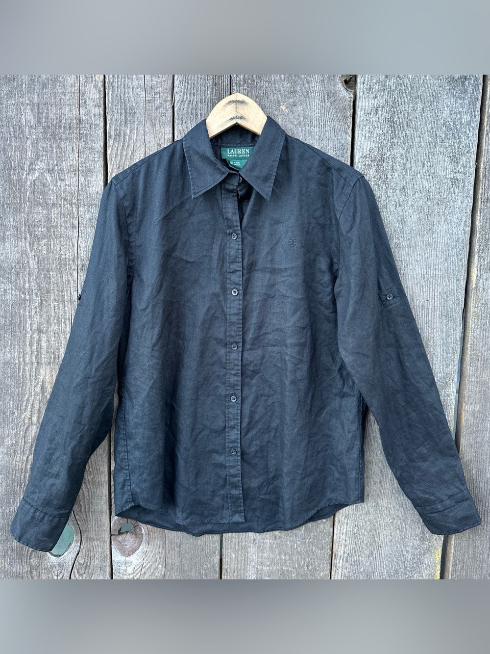 Lauren Ralph Lauren Women's Black Linen Long Sleeve Button Up Shirt Small